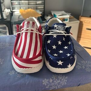 Brand New: Hey Dude Men’s Size 12 RED WHITE & BLUE USA themed shoes